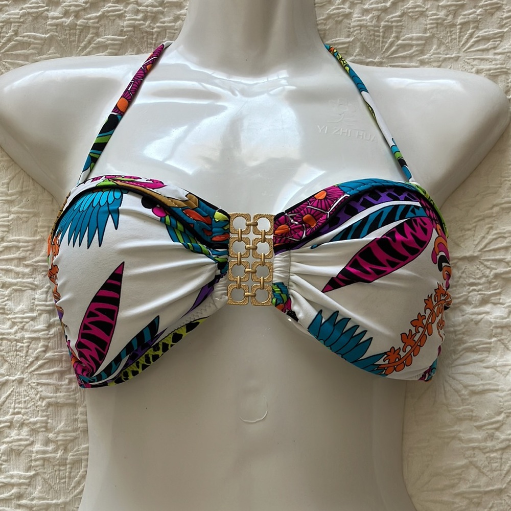 Tina Turk beautiful white w/Fuschia orange purple black green print bikini top